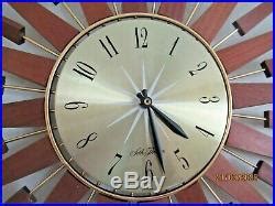 Huge Vintage Seth Thomas Teak Sunburst Starburst Wall Clock Retro