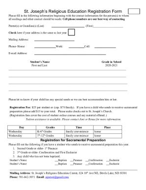 Fillable Online Josephs Religious Education Registration Form Fax Email