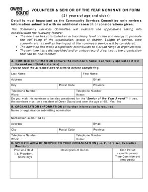 Fillable Online VOLUNTEER SENIOR OF THE YEAR NOMINATION FORM Fax