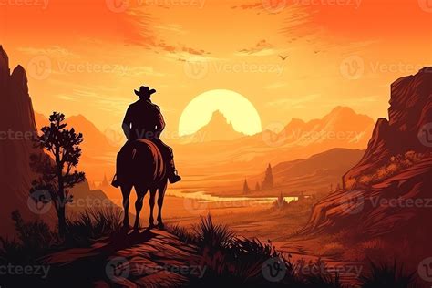 Wild West Poster Cowboy Riding Into The Sunset With His Horse Wild West