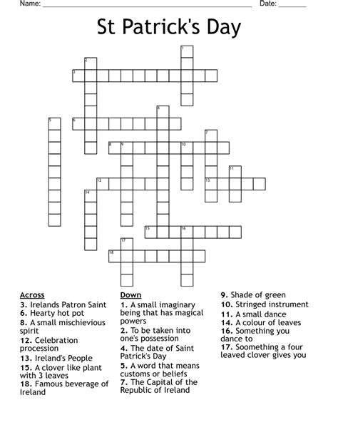 St Patrick S Day Crossword Puzzles St Patrick S Day Crossword Puzzle