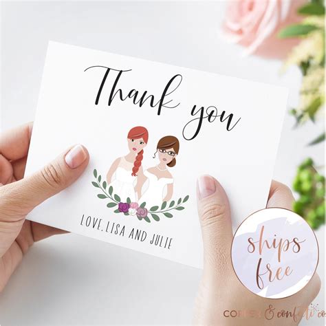 Lesbian Wedding Thank You Card Custom Two Brides Thank You Card Couple Cartoon Lesbian