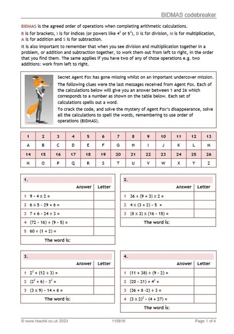 Bidmas Codebreaker Bidmas Worksheet Ks3 Maths Teachit