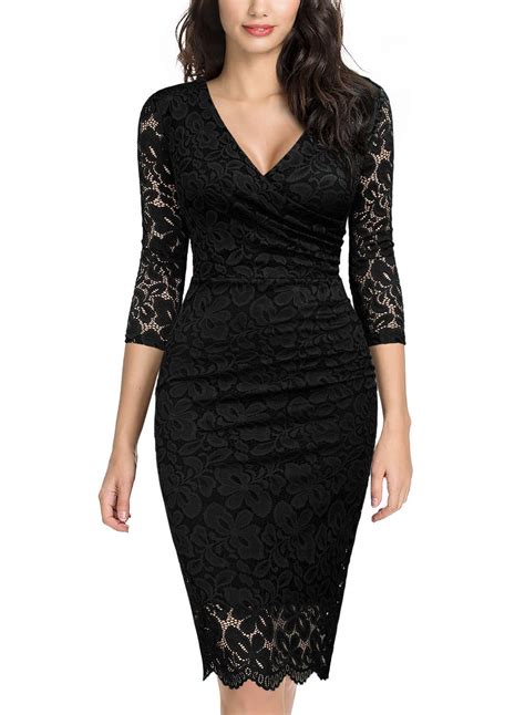 Miusol Womens Retro Deep V Neck Ruffles Floral Lace Evening Pencil Dress