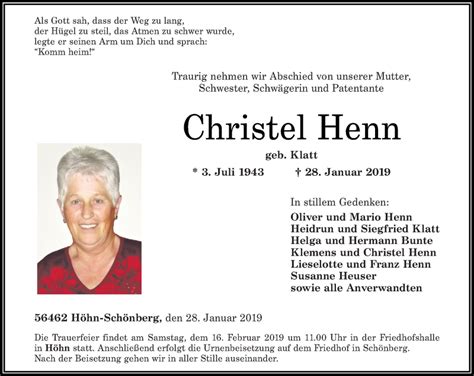 Traueranzeigen Von Christel Henn Rz Trauer De