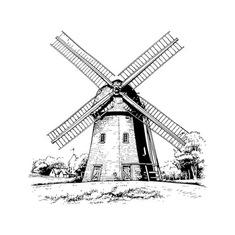 Premium Vector Classic Windmill Sketch In Ink Style Hand Drawn Style