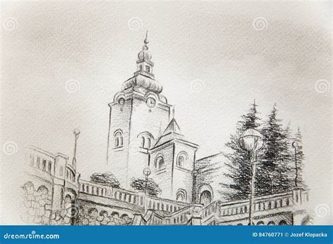 Chiesa Dominante Nella Vecchia Città Disegno a Matita Su Carta