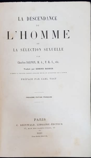 Le Descendance De L Homme Et La Selection Sexuelle Par Charles Darwin