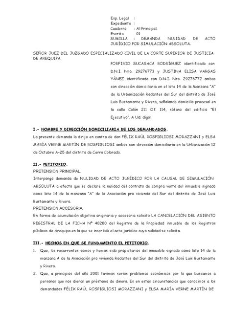 Demanda De Nulidad De Acto Juridico Por Simulacion Absoluta Hipoteca