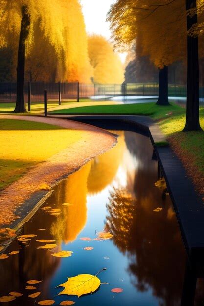 Premium Ai Image A Puddle And Yellow Fallen Leaves Autumn Park