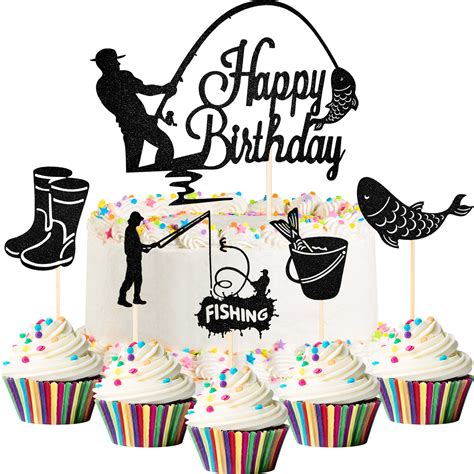 Buy Pieces Gone Fishing Cupcake Topper Happy Birthday Cake Topper