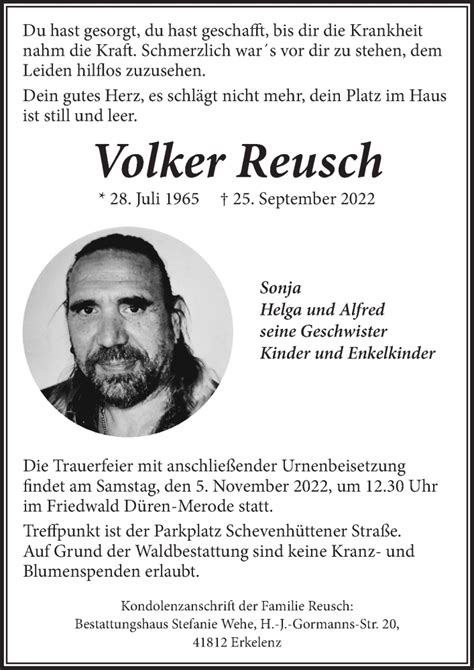 Traueranzeigen Von Volker Reusch WirTrauern