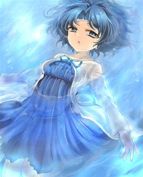 Safebooru 1girl Afloat Blue Background Blue Dress Blue Eyes Blue Hair Blue Ribbon Cheriko 24