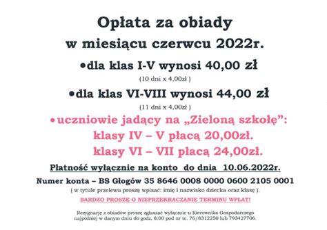 Opłata za obiady w miesiącu czerwcu 2022r Szkoła Podstawowa w Jaczowie