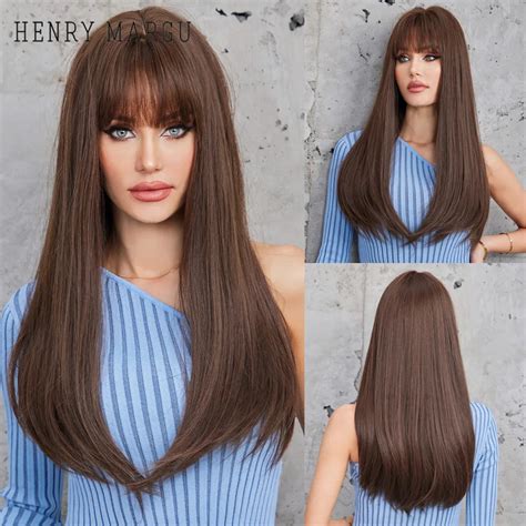 Henry Margu Pelucas De Pelo Largo Marr N Con Flequillo Para Mujeres Y