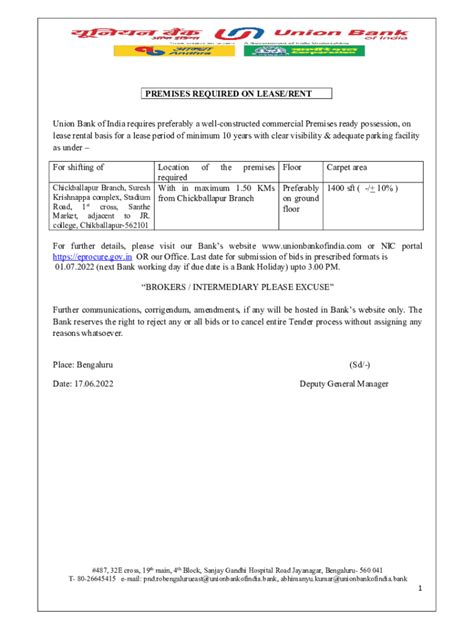 Fillable Online Premises Required On Lease Union Bank Of India Fax