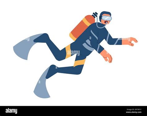 Male Scuba Diver Swimming Underwater Semi Flat Colorful Vector