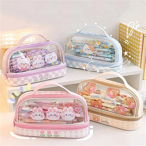 Kawaii Feder M Ppchen Doppels Chicht Transparent Gro E Kapazit T Stift