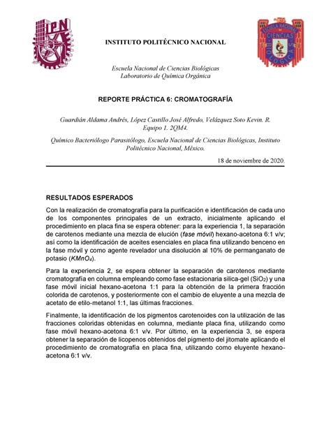 Reporte práctica 6 Cromatografía Eq INSTITUTO POLITÉCNICO NACIONAL