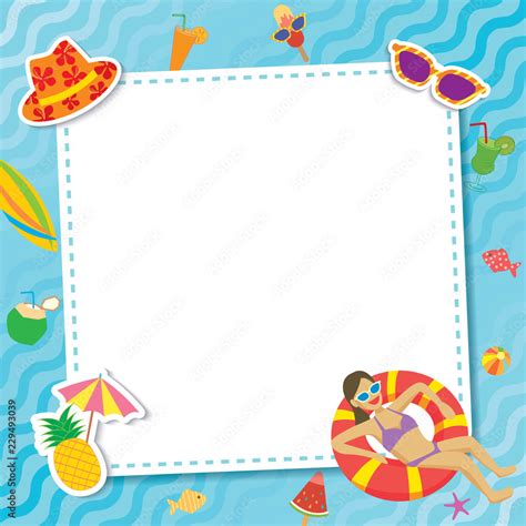 Summer pool party for template frame decorated with accessories and ...