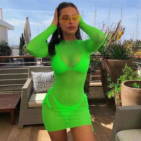 Chronstyle Beach Dress Bikini Cover Ups Mesh Sheer See Through Women Swimwear Long Sleeve Summer