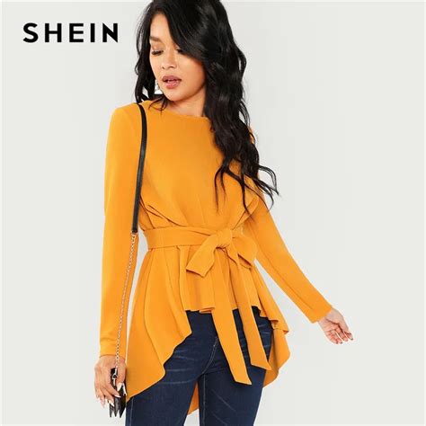 Shein Ginger Self Belted Asymmetrical Hem Top Casual Long Sleeve Round Neck Blouses Women Autumn