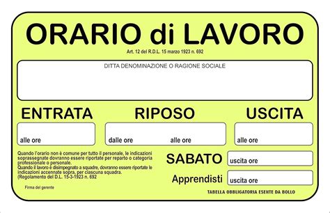 Cartello Segnaletico Orario Di Lavoro Con Adesivo In Vinile E