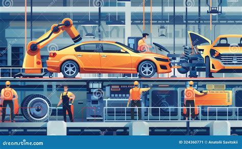 A Vibrant Illustration Depicting A Busy Car Assembly Line With Robotic