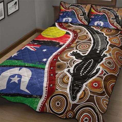 Aboriginal Quilt Bed Set Indigenous Crocodile With Naidoc Flags