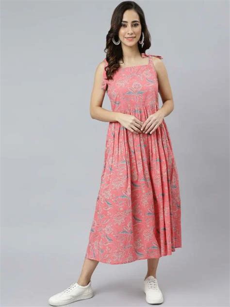 Buy Janasya Women S Pink Cotton Floral Print Flared Western Dress