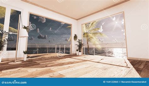 Sea View Living Room In Modern Beach Summer Home 3D Rendering Stock