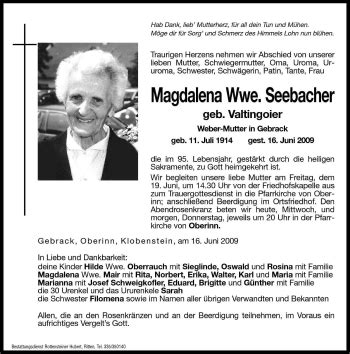 Traueranzeigen Von Magdalena Seebacher Trauer Bz