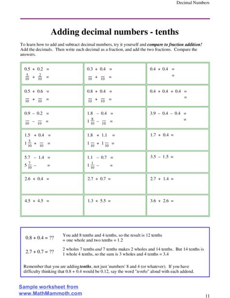 Adding Decimal Numbers Tenths Worksheet For 4th 8th Grade Lesson