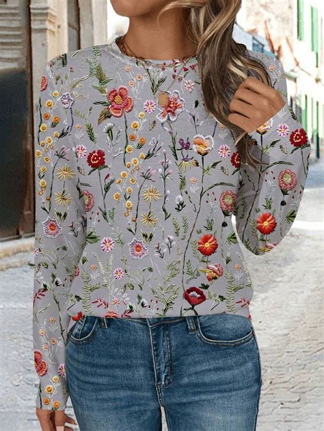 EMERY ROSE Camiseta De Manga Longa Estampa Floral Para Mulheres