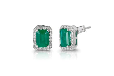 14K White Gold Emerald & Diamond Earrings