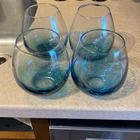 Pier 1 Dining Pier Teal Crackle Stemless Wine Glasses Set Of 4 Like New Discontinued Poshmark