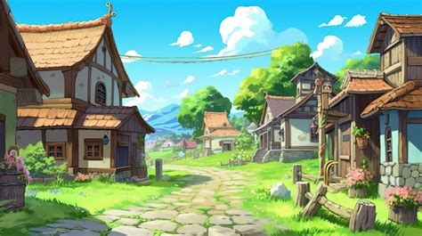 Ghibli style game background art village with unique style houses ...