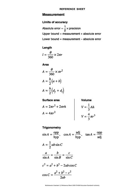 Annotated Reference Sheet 2020ver Mathematics Standard 12 Reference