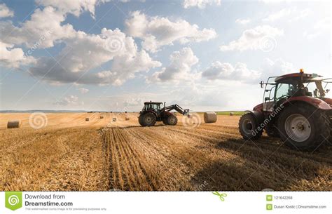 A Tractor Collecting Straw Bales Stock Photo Image Of Rural