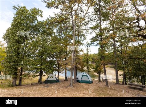 Camping Tents Near A Beautiful Lake Among Trees Campsite Adventure
