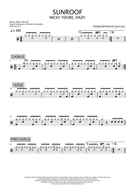 Sunroof Arr Jack Hill By Nicky Youre And Dazy Sheet Music For Drums