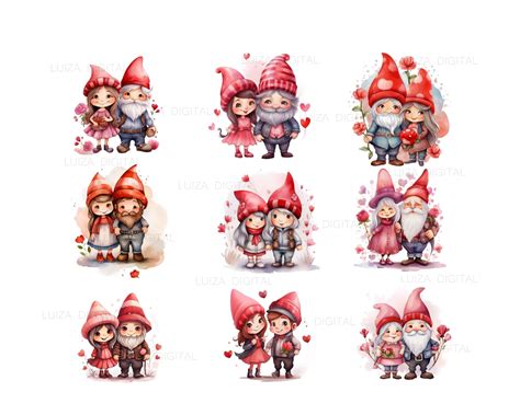 Watercolor Valentines Gnom Couple Clipart Cute Gnome Couple Valentine