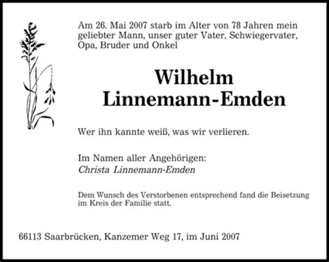 Traueranzeigen Von Wilhelm Linnemann Emden Trauer De