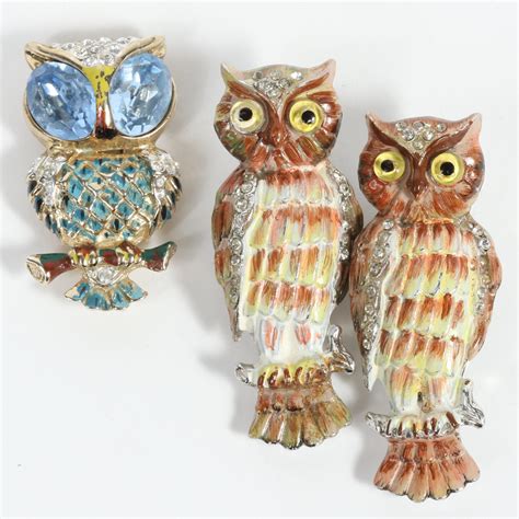 Lot Coro Duette Owl Fur Clips With Enamel And Clear Rhinestones With