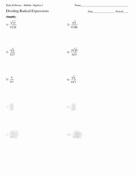 Dividing Radical Expressions Worksheets