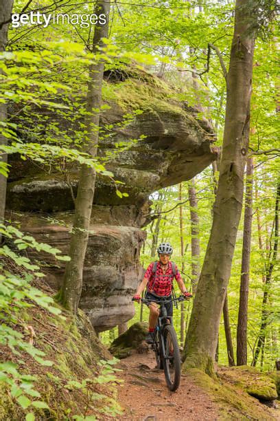 Senior Woman With Mountain Bike In The Palatinat Forest