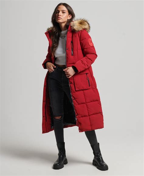 Womens Longline Faux Fur Everest Coat In Red Superdry Uk