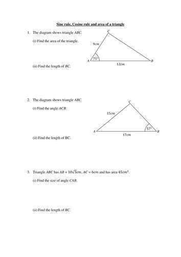 Worksheet On Sine Rule Cosine Rule And Area Of A Triangle Teaching