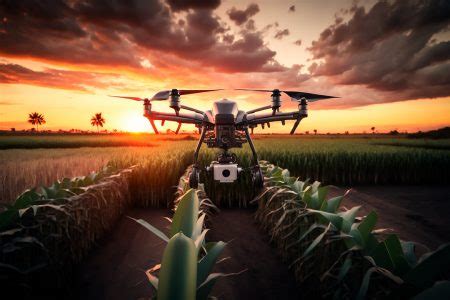 Drone voando monitorando plantação em fazenda inteligente Agricultura