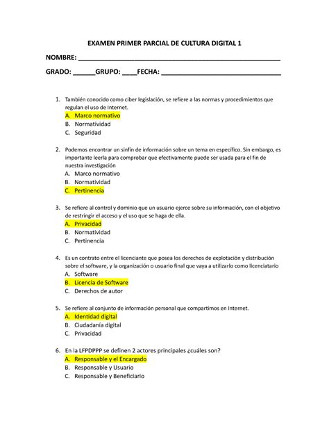 Examen Primer Parcial De Cultura Digital Examen Primer Parcial De